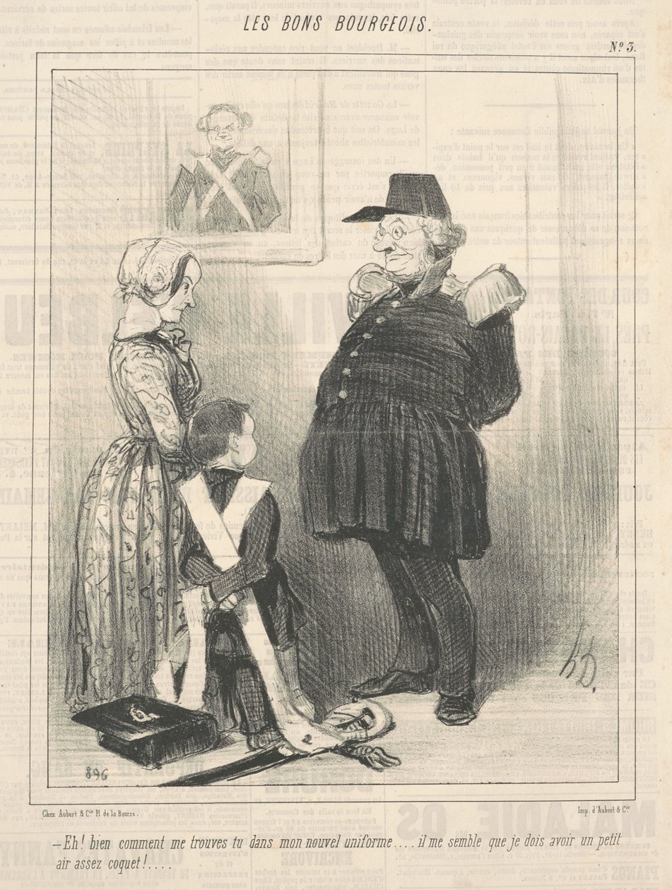 Nou, hoe vind je me in mijn nieuwe uniform... door Honoré Daumier