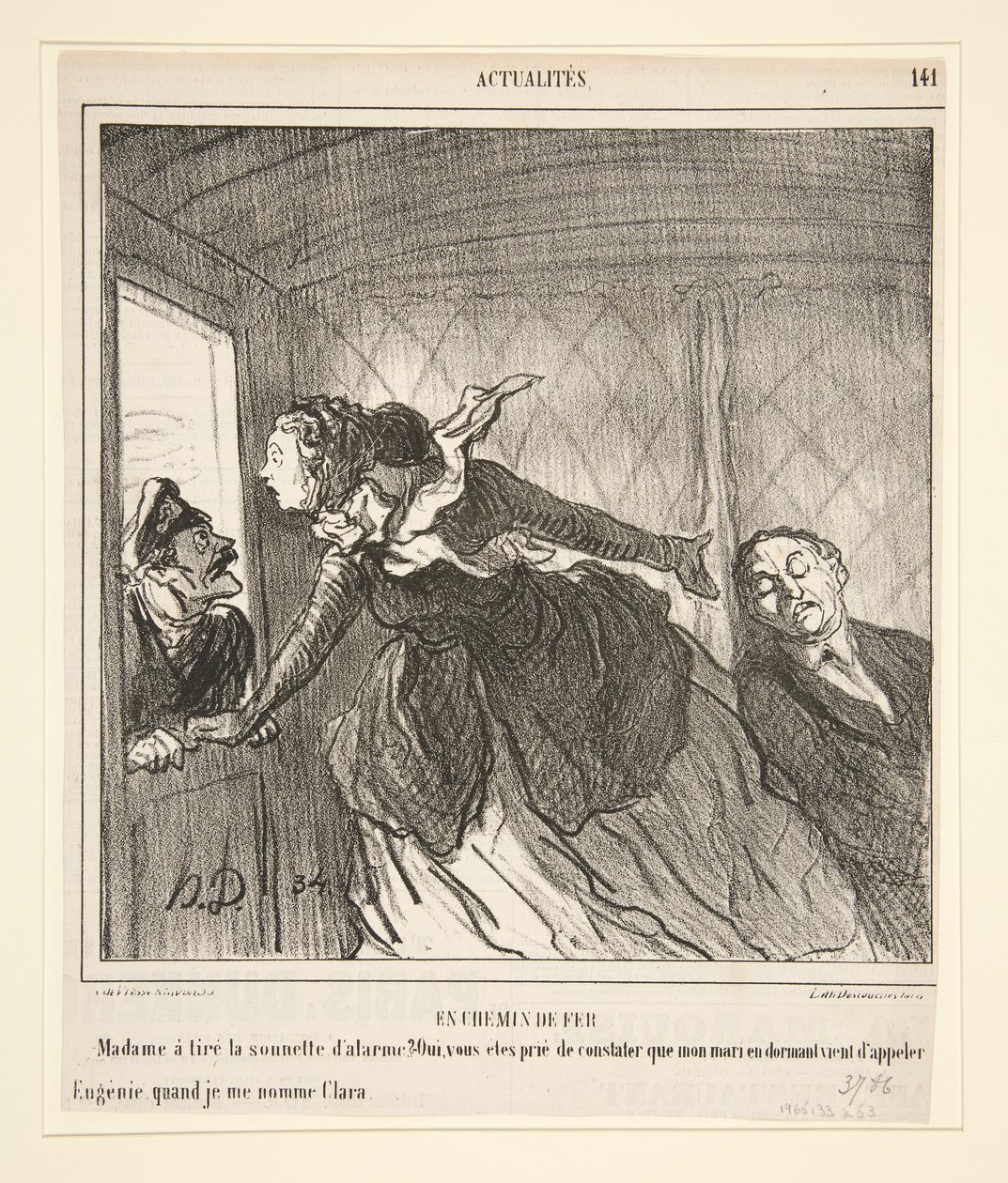 In de trein: Madame heeft aan de bel getrokken door Honoré Daumier