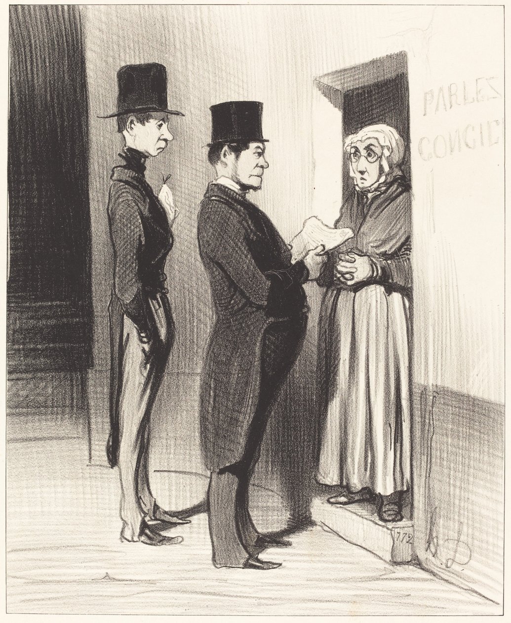 En pratend met haar portier zo verklaard... door Honoré Daumier