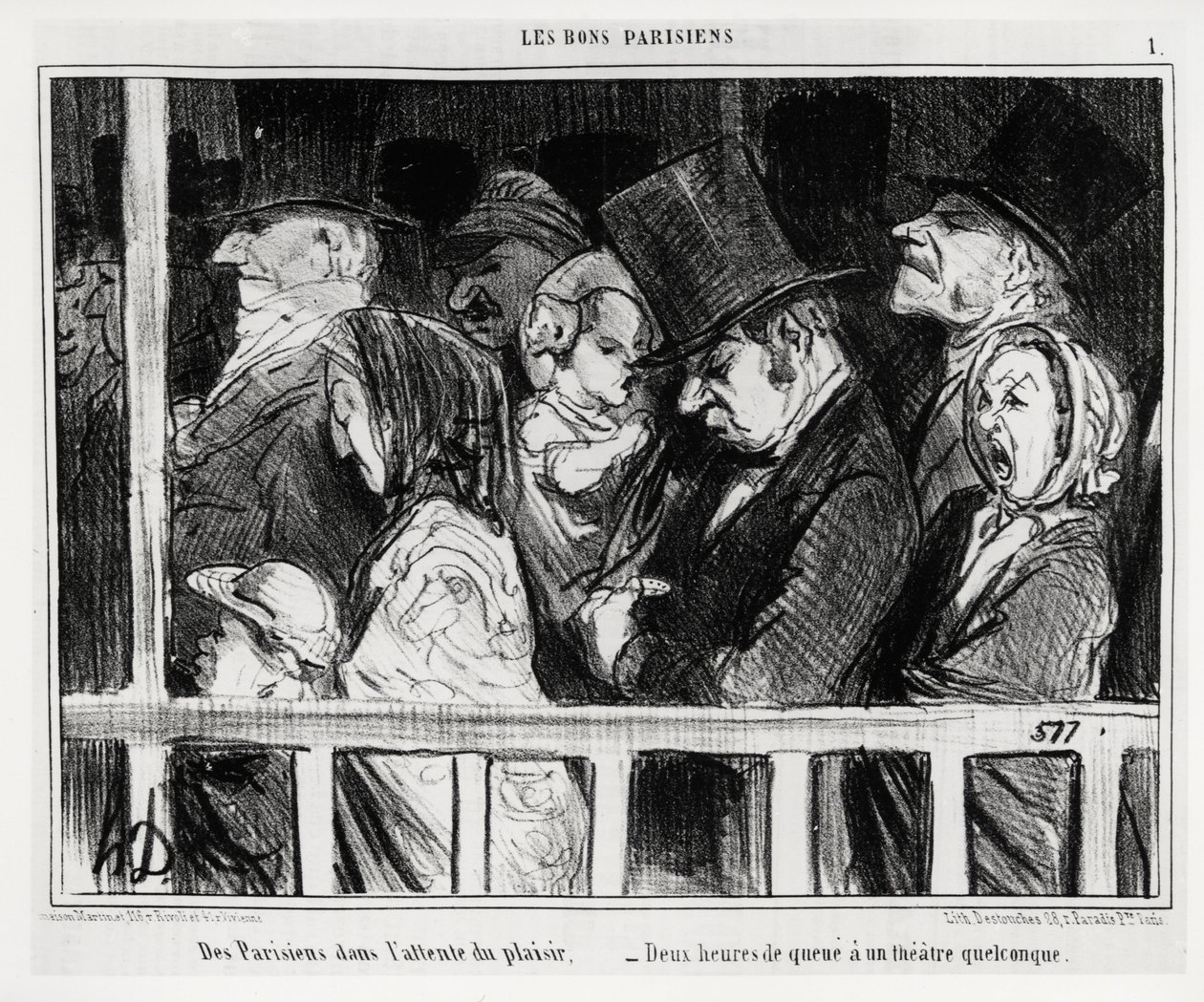 Goede Parijzenaars: Parijzenaars die wachten op plezier, twee uur in de rij voor een soort theater (illustratie door Honore Daumier, gepubliceerd in Charivari, gedateerd 5 maart) door Honoré Daumier