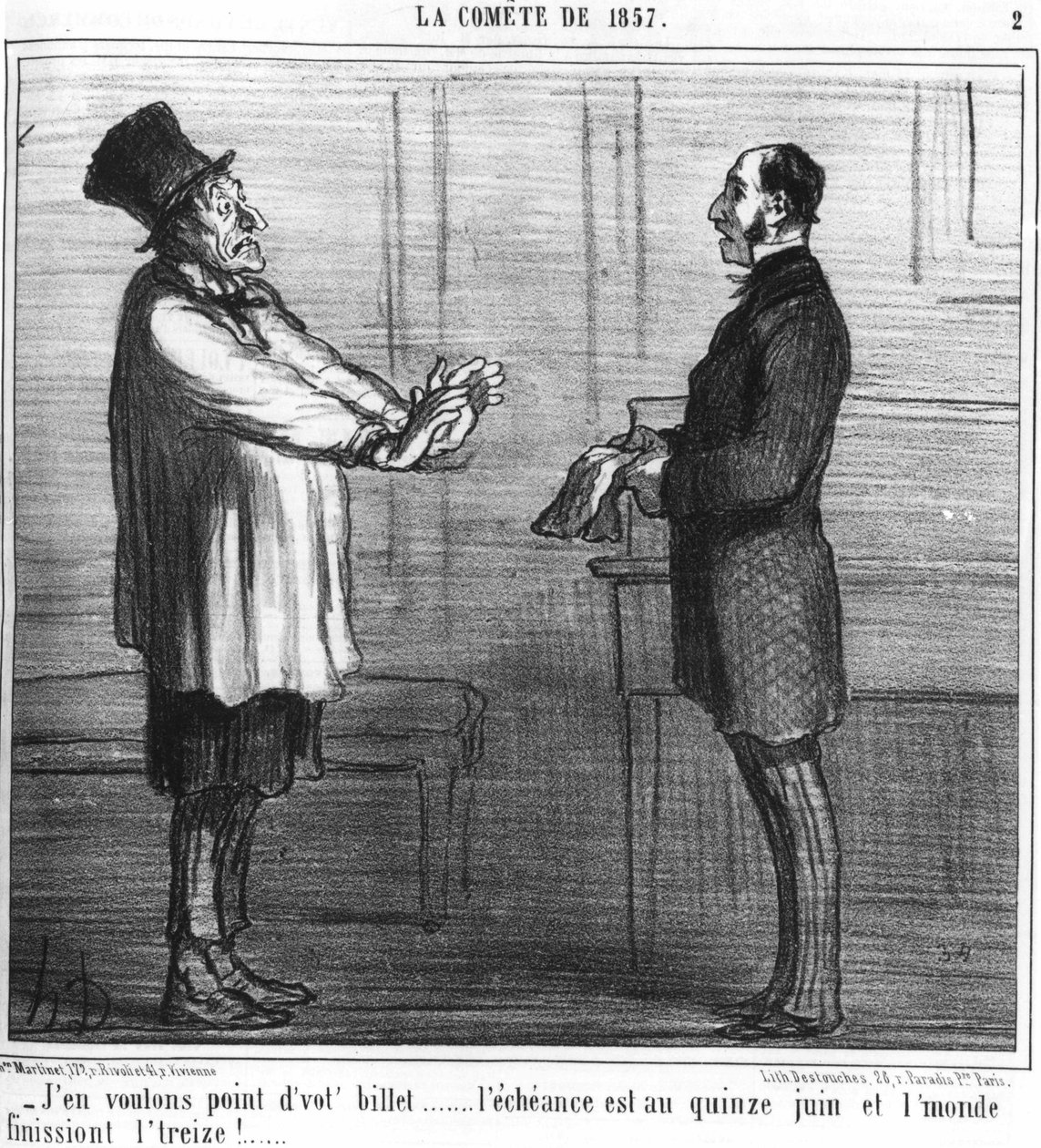 Ik wil je ticket niet... de vervaldatum is op 15 juni en de wereld eindigt de dertiende!... : serie uit "de komeet van 19857", door Honore Daumier (1808-1879). "Charivari" door Honoré Daumier