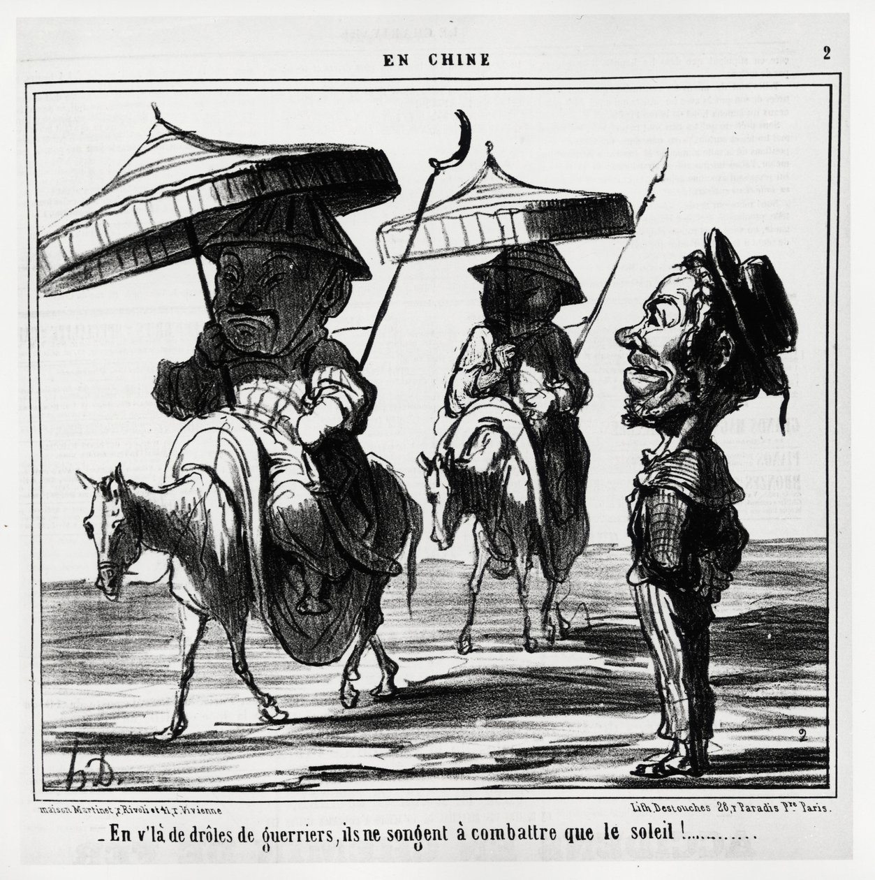 In deze grappige krijgers denken ze alleen aan het vechten tegen de zon. In serie En Chine, illustratie door Honore Daumier, gepubliceerd in 