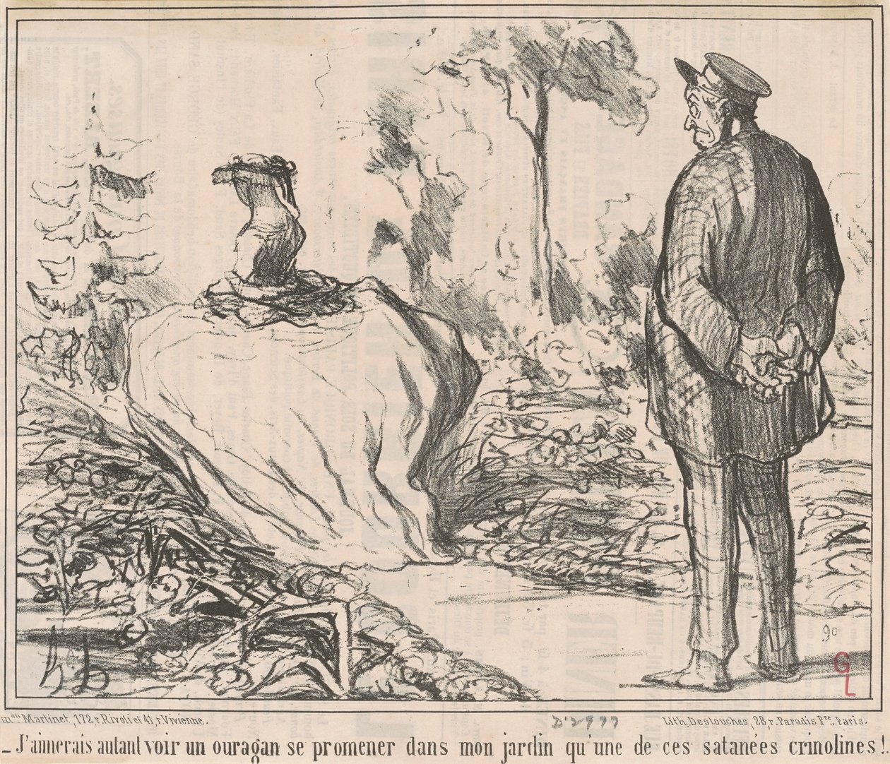 Ik zou liever een orkaan in mijn tuin zien wandelen dan een van die verdomde crinolines! door Honoré Daumier