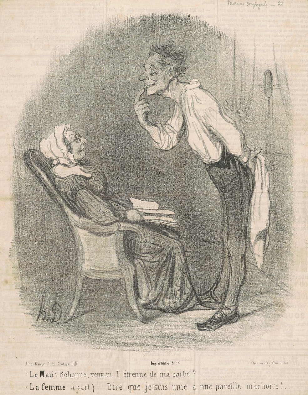 De echtgenoot. Bobonne, wil je mijn baard als nieuwjaarsgeschenk? door Honoré Daumier