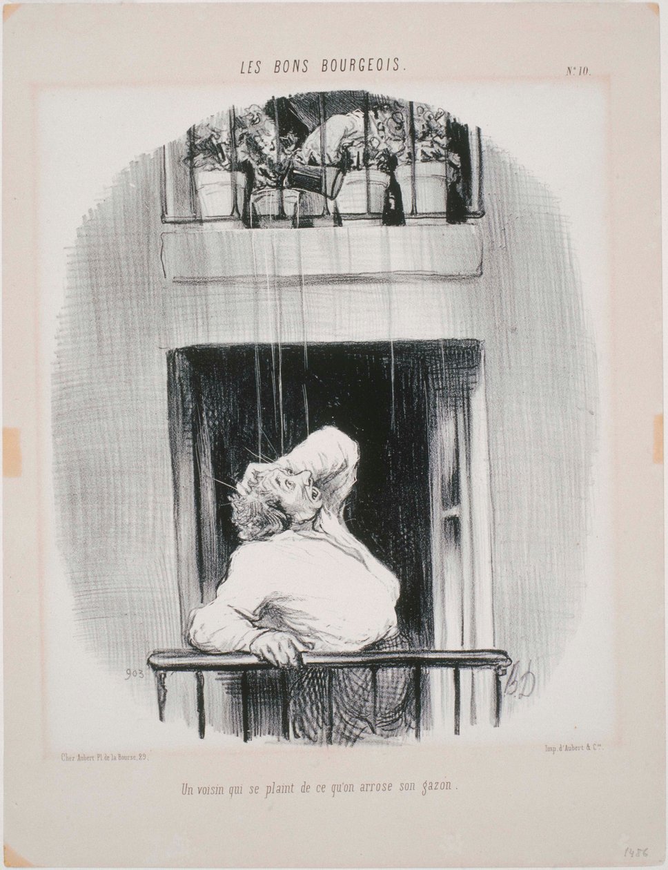 Les Bons Bourgeois: Een buurman die klaagt over water krijgen door Honoré Daumier