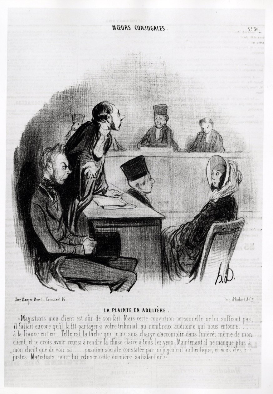 Huwelijk: Klacht over overspel. Illustratie door Honore Daumier (1808-1879), gepubliceerd in het nieuws in "Charivari", gedateerd 20 november 1840. door Honoré Daumier