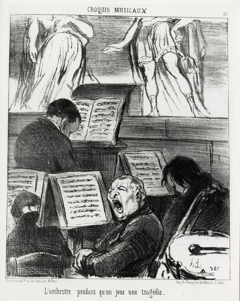 Muzikale schetsen: het orkest terwijl het een tragedie speelt. Illustratie door Honore Daumier, gepubliceerd in 