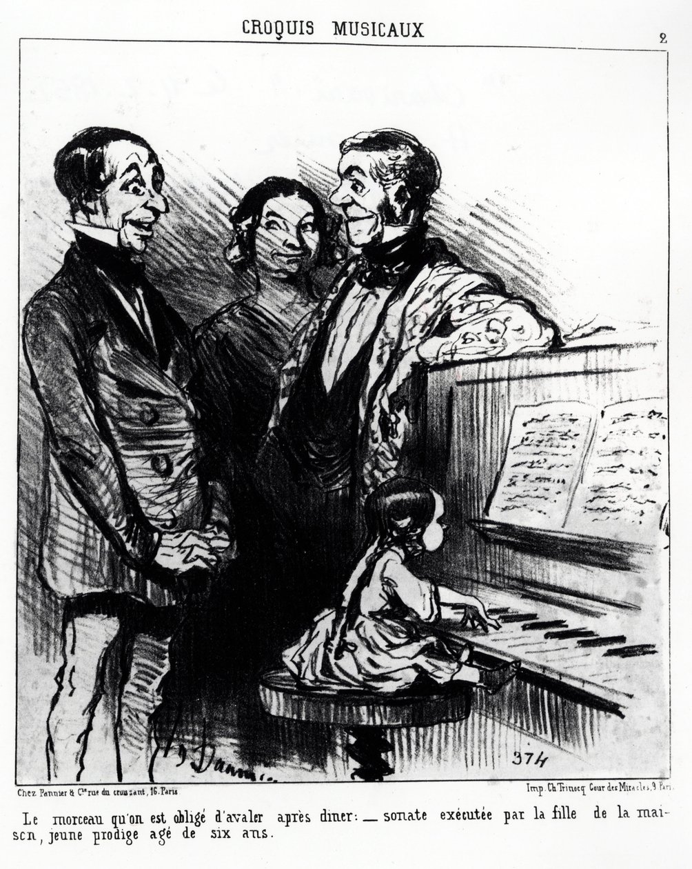 Muzikale schetsen: het lied dat je na het diner moet doorslikken: sonate uitgevoerd door de dochter des huizes, een jong wonderkind van zes jaar. Illustratie van Honore Daumier, gepubliceerd in 