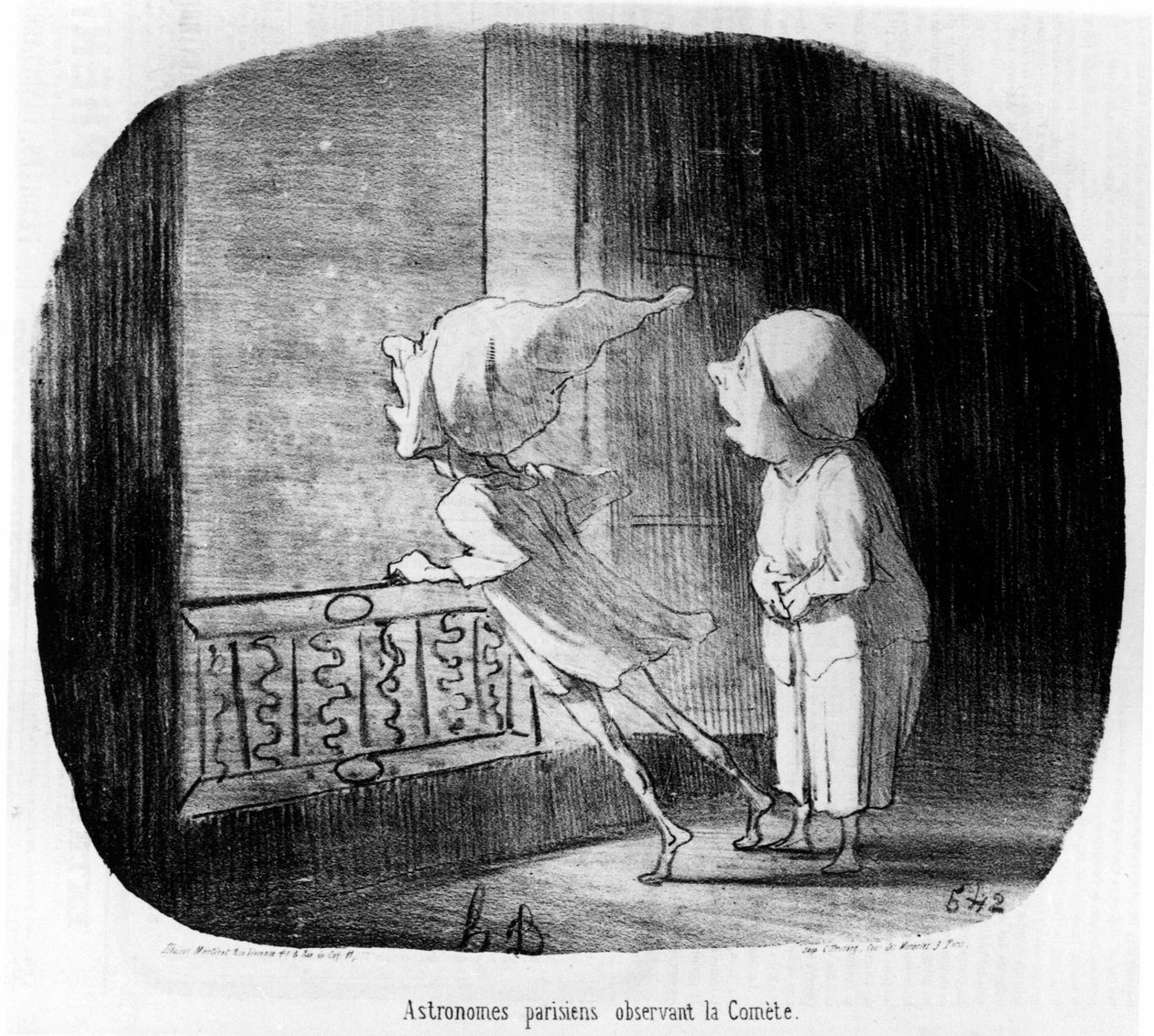 Parijse astronomen observeren de komeet, uit "Astronomie", een serie cartoons over astronomen en de komeet door Honore Daumier. "Charivari" door Honoré Daumier