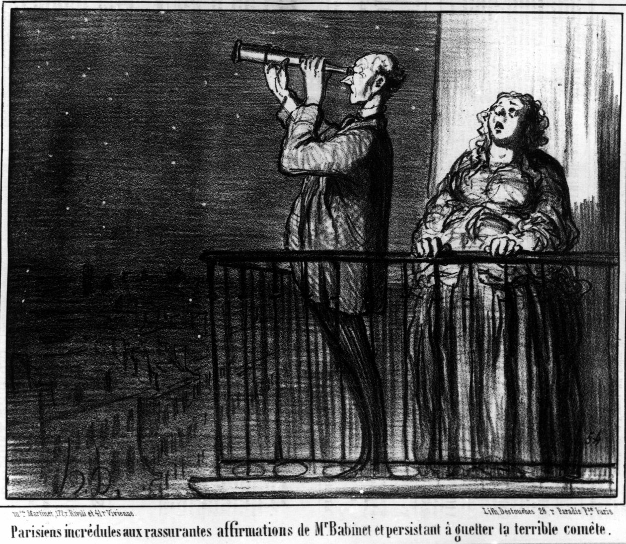 Parijzenaars ongelovig aan de geruststellende beweringen van meneer Babient en volhardend om de verschrikkelijke komeet te bewaken, karikatuur van Honore Daumier. 
