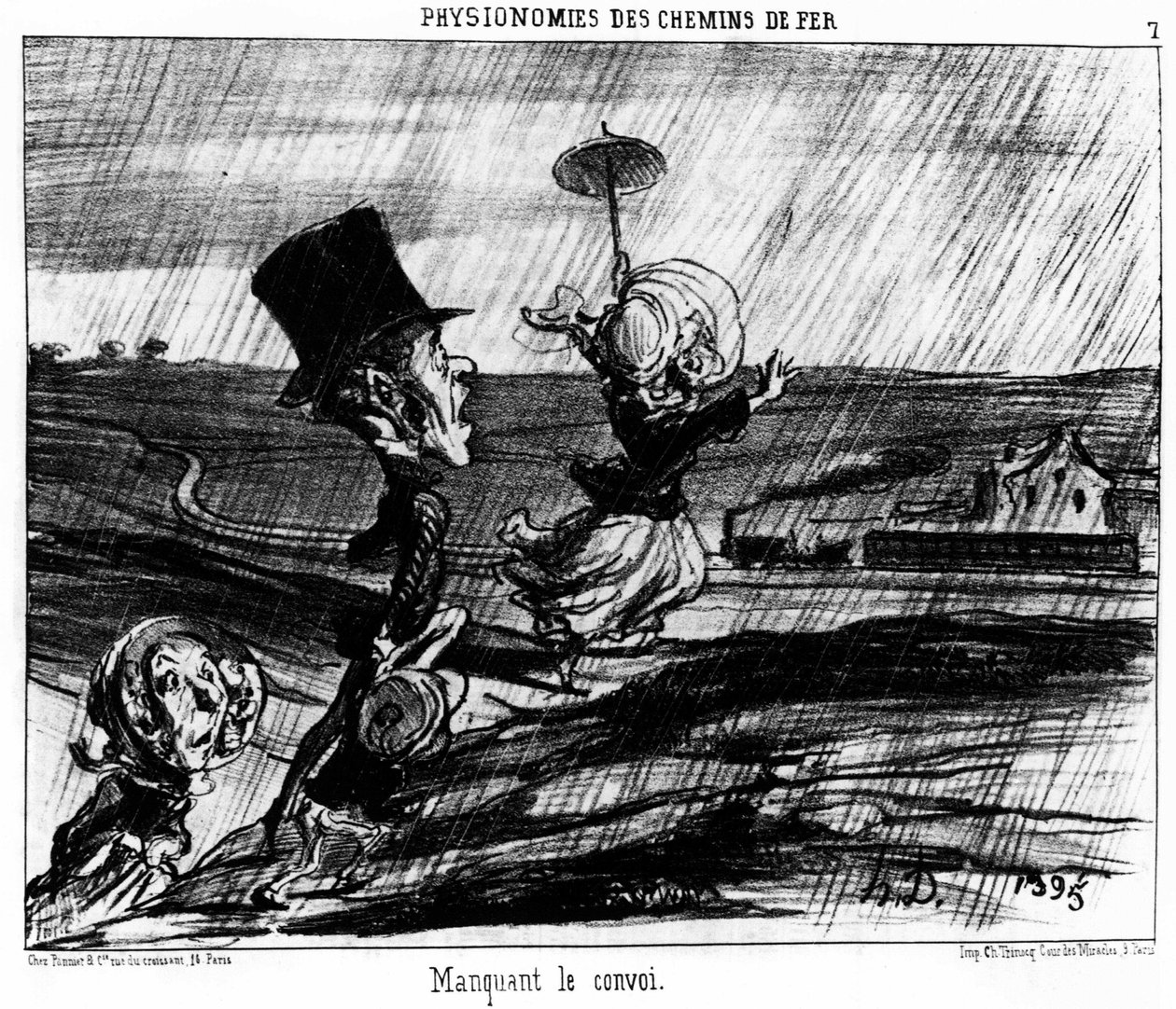 Spoorwegfysiognomieën. De trein missen: serie cartoons over de spoorwegen door Honore Daumier. "Charivari" door Honoré Daumier