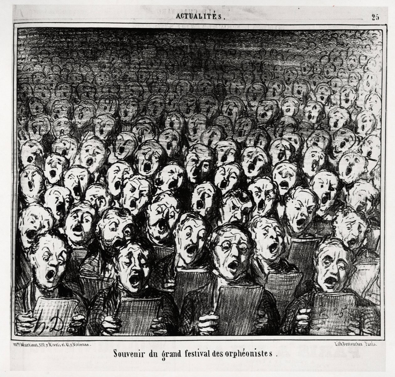 Herinnering aan het grote festival van orpheonisten. Illustratie door Honore Daumier (1808-1879), gepubliceerd in het nieuws, "Charivari", gedateerd 28 maart 1859. door Honoré Daumier