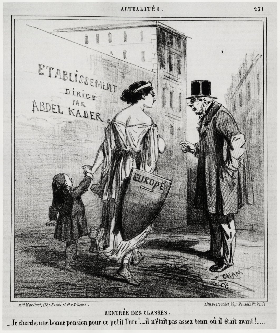 Huurklassen: ik zoek een goed pensioen voor deze kleine Turkse jongen!... Hij was niet fit genoeg of hij was het eerder. Enkele dagen nadat de Franse en Engelse troepen Turkije binnenkwamen (18 oktober 1860). Illustratie door Honore Daumier (1808-1879), ge door Honoré Daumier