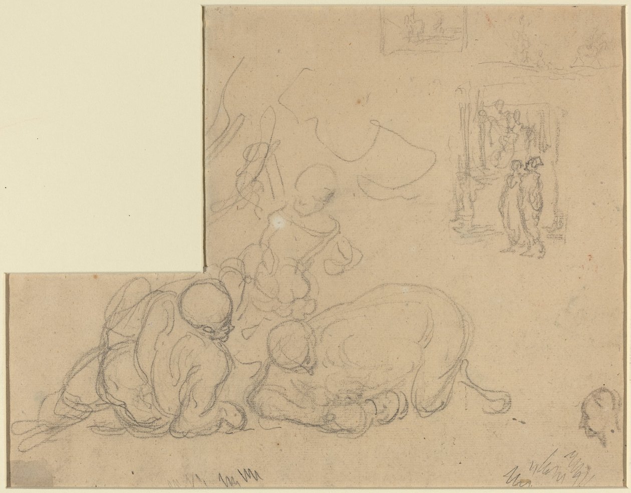 Blad met Studies van Twee Grote Mannen op de Grond door Honoré Daumier