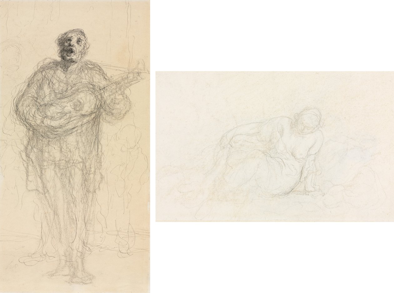 Zingende Gitarist (recto); Liggende Vrouw Leunend op Haar Arm (verso) door Honoré Daumier