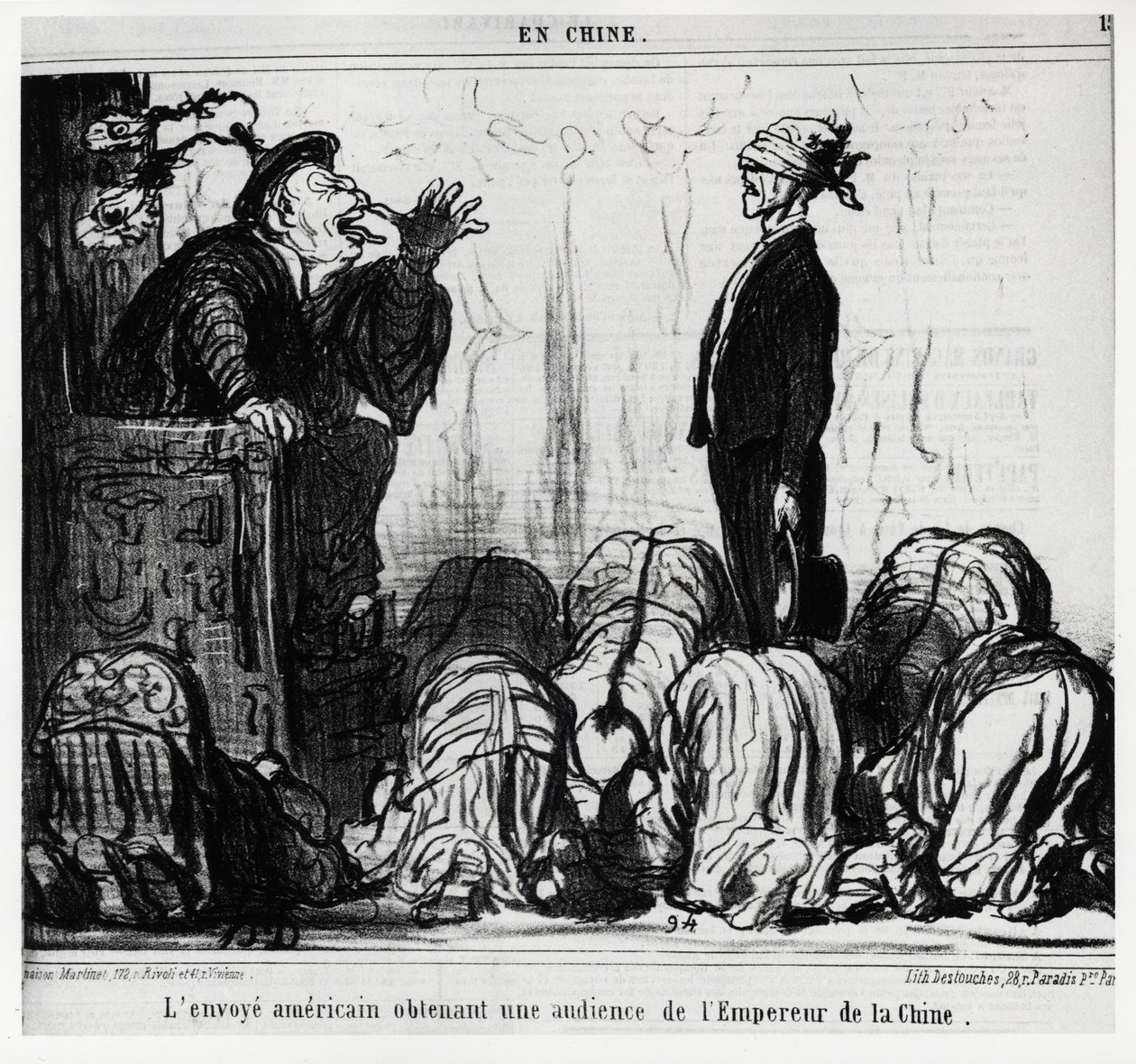 De Amerikaanse gezant krijgt een audiëntie van de keizer van China (in serie En Chine, illustratie door Honore Daumier, gepubliceerd in Charivari, gedateerd 21 oktober) door Honoré Daumier