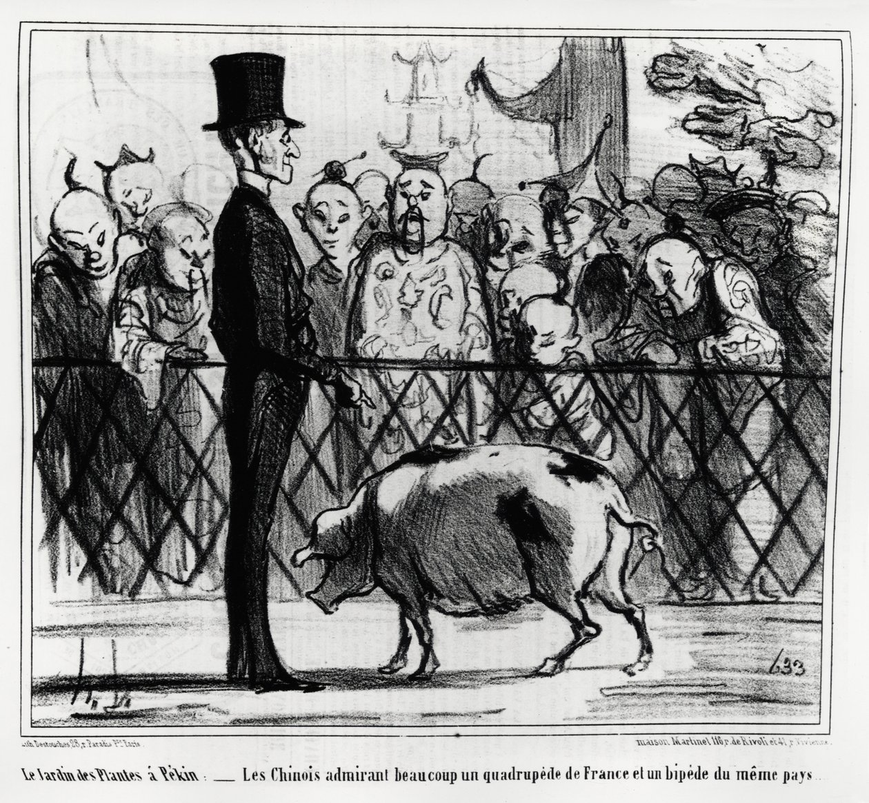 De plantentuin in Peking: de Chinezen bewonderen een viervoeter uit Frankrijk en een bij uit hetzelfde land (illustratie door Honore Daumier, gepubliceerd in Charivari, China Actualites) door Honoré Daumier