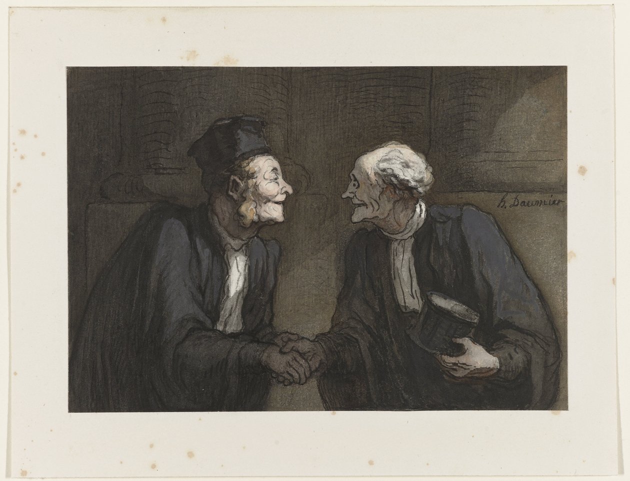 Twee advocaten drukken elkaar de hand door Honoré Daumier
