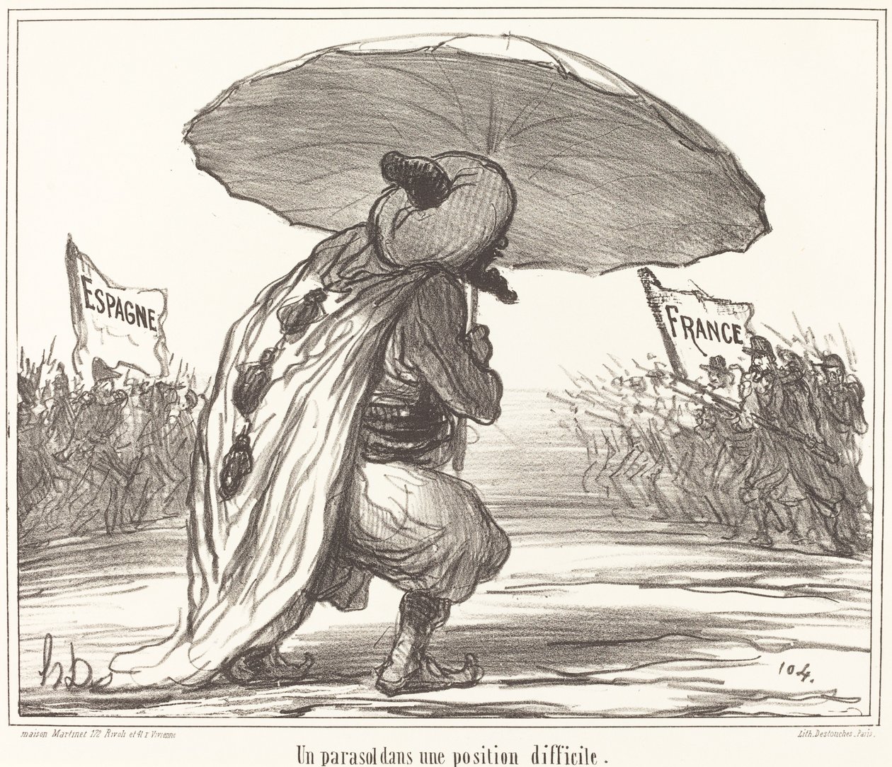 Een parasol in een moeilijke positie door Honoré Daumier
