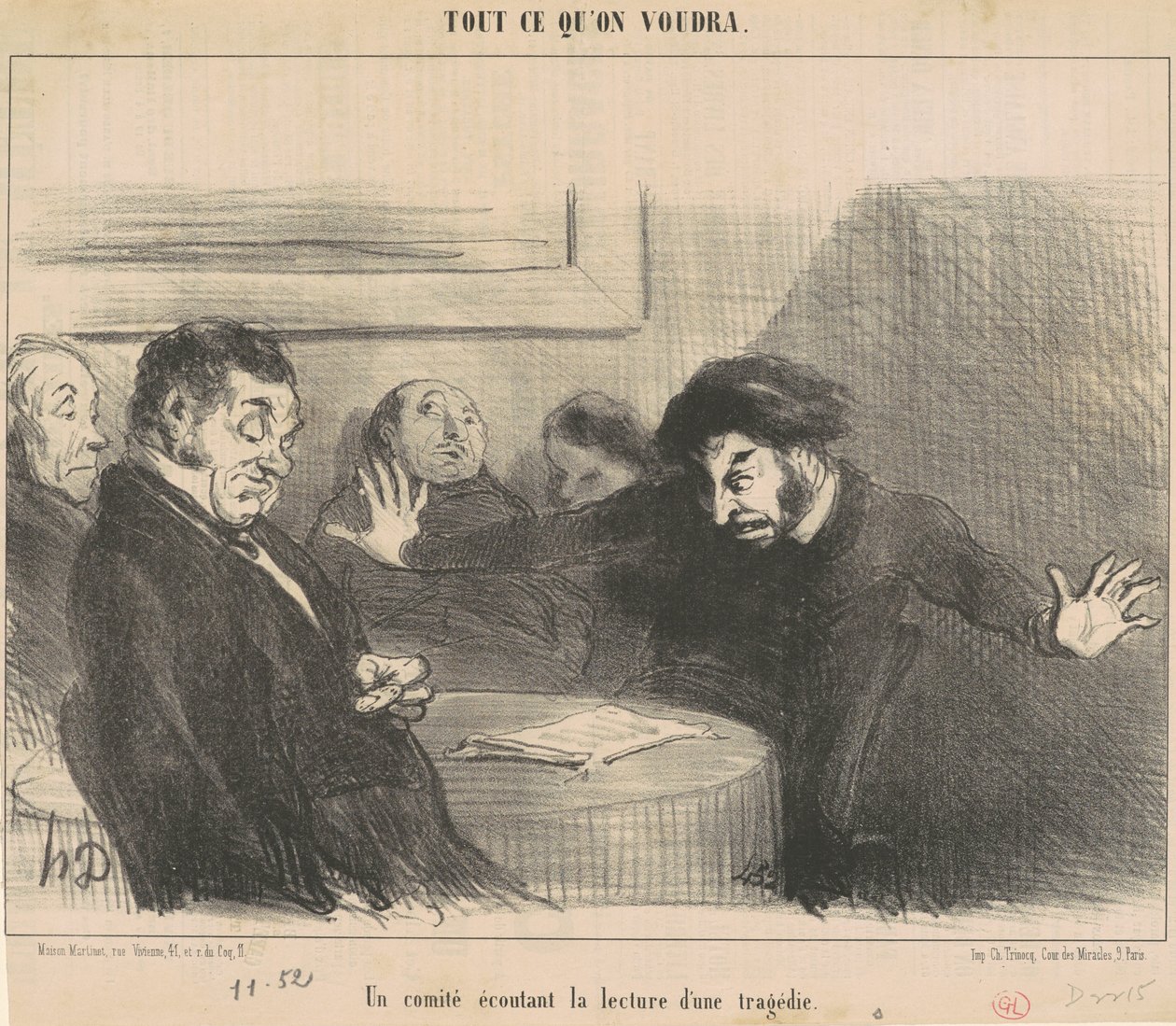 Een comité luistert naar het voorlezen van een tragedie door Honoré Daumier
