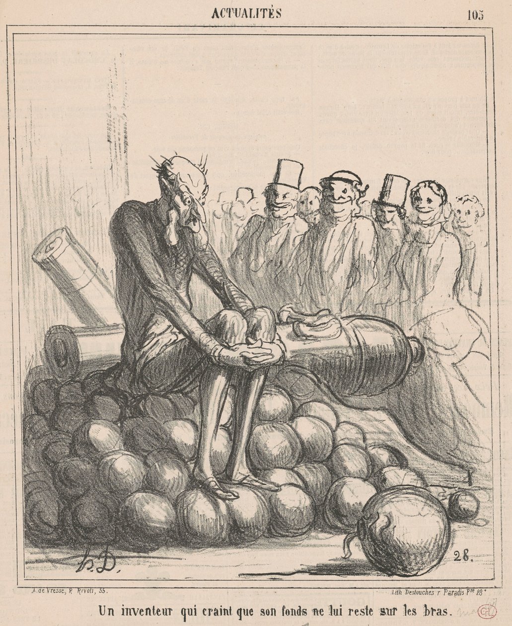 Een uitvinder die bang is dat zijn fonds hem blijft... door Honoré Daumier