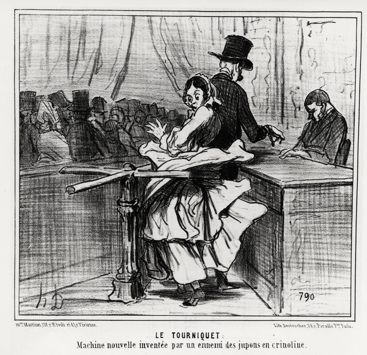 Universele tentoonstelling: het draaihek: een nieuwe machine uitgevonden door een vijand van crinoline rokken. Illustratie door Honore Daumier, gepubliceerd in het nieuws, 