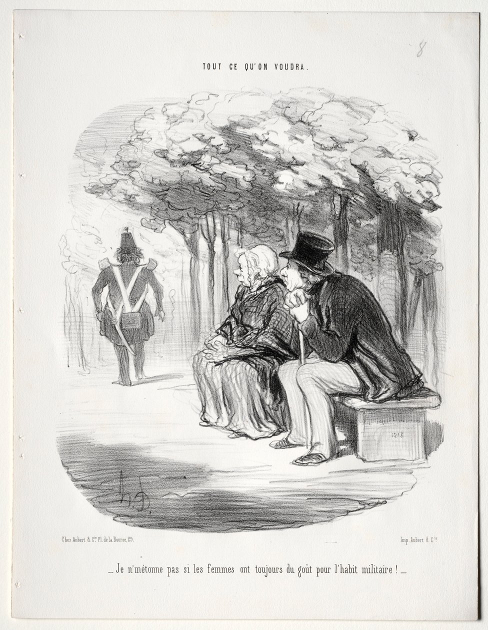 Wat je wilt, plaat 51: Ik verbaas me niet dat vrouwen altijd dol zijn op het militaire uniform, 1848 door Honoré Daumier