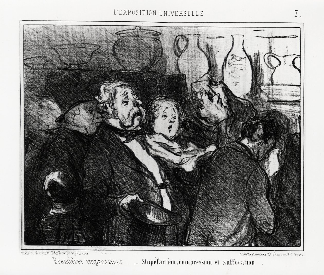 Wereldtentoonstelling: eerste indrukken: verbijstering, compressie en verstikking. Illustratie van Honore Daumier, gepubliceerd in 
