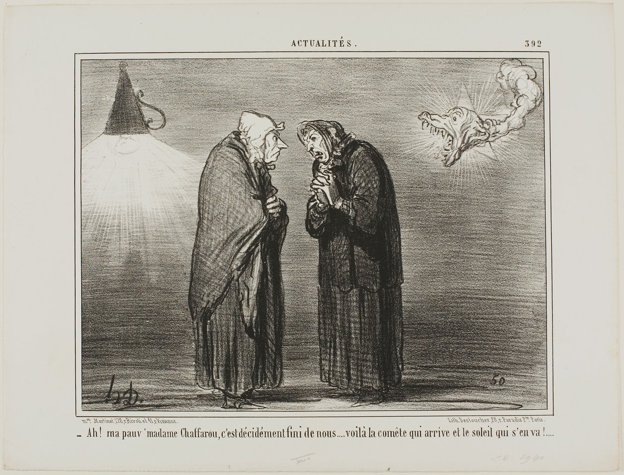 "- Ah, mijn lieve Madame Chaffarou... dit moet wel het einde zijn... de komeet komt en de zon gaat," plaat 392 uit Actualités door Honoré Victorin Daumier