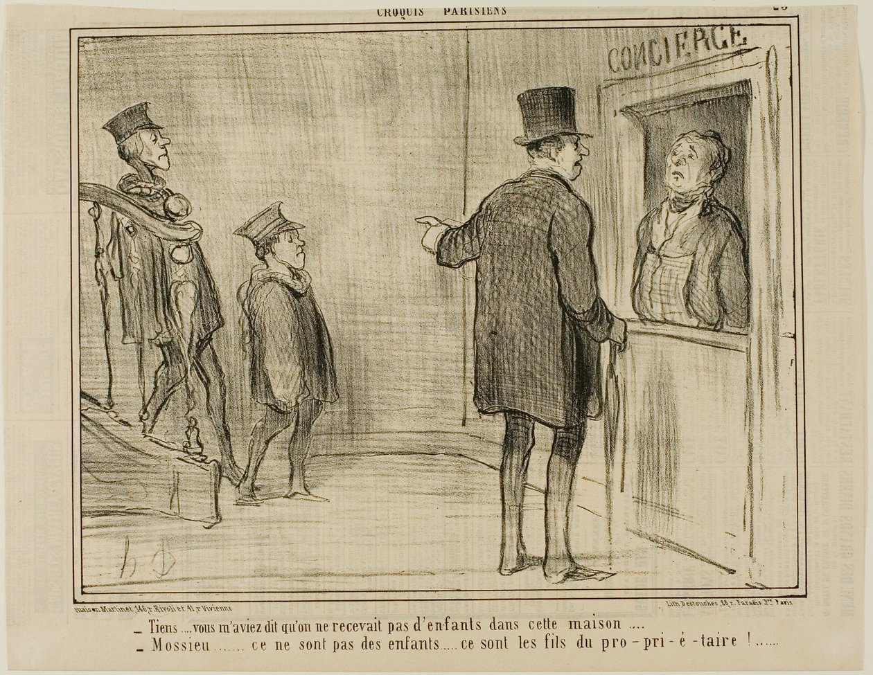 "- Maar u vertelde me dat kinderen niet zijn toegestaan in dit huis... - Meneer, dit zijn geen kinderen... het zijn de zonen van de eigenaar!...," plaat 23 uit Croquis Parisiens, - par Daumier door Honoré Victorin Daumier