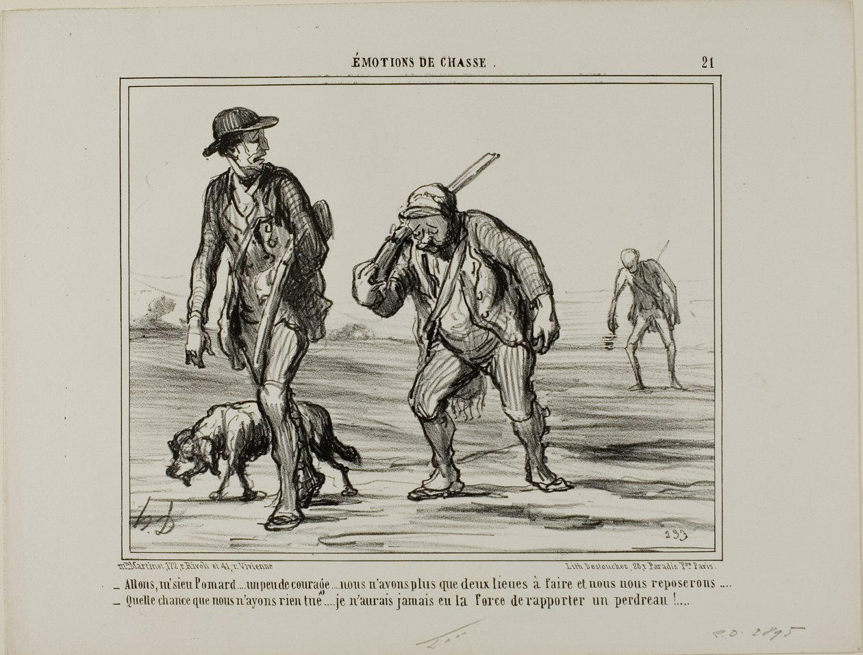 "Kom, kom, meneer Pomard... hou de moed erin... nog maar twee mijl en we kunnen rusten... Wat een geluk, we hebben niets gevangen... Ik zou niet eens de kracht hebben om een patrijs te dragen," plaat 21 uit Émotions De Chasse door Honoré Victorin Daumier