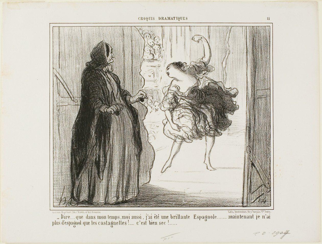 "- Moeilijk voor te stellen dat ik in mijn tijd ook een veelgeprezen Spaanse danser was... tegenwoordig zijn alleen mijn castagnetten Spaans... wat vervelend...," plaat 11 uit Croquis Dramatiques door Honoré Victorin Daumier