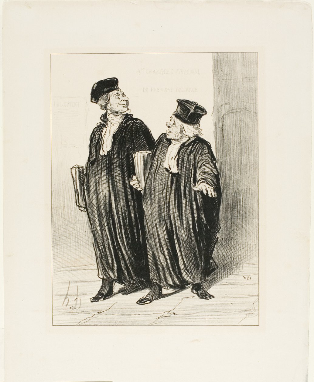 "- Eindelijk kregen we de verdeling van de bezittingen tussen man en vrouw... - over tijd, er was geen geld meer te verdelen," plaat 3 uit Les Avocats Et Les Plaideurs door Honoré Victorin Daumier