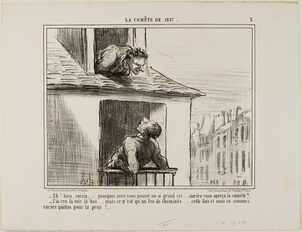 "- Hallo, buurman... waar ging al dat geschreeuw over... heb je de komeet gezien - Ik dacht dat ik hem daar had gezien... maar toen was het gewoon het vuur uit een schoorsteen... deze keer kwamen we er met de schrik vanaf," plaat 3 uit La Cométe De 1857 door Honoré Victorin Daumier