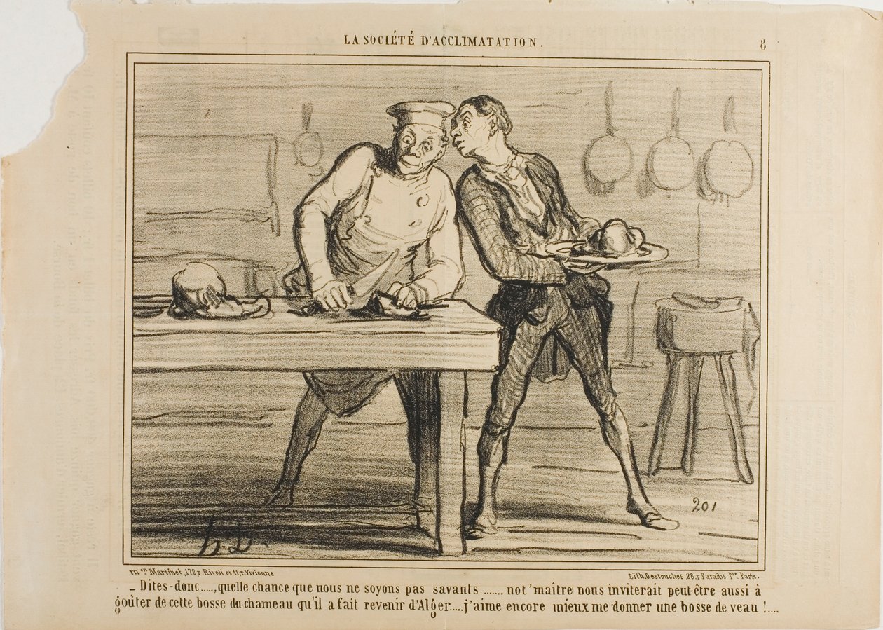 "- Ik ben blij dat we geen wetenschappers zijn, anders zou Monsieur ons ook uitnodigen om die kamelenbult te proeven die hij uit Algerije heeft besteld... Ik geniet liever van een maaltijd met kalfsbult!," bord 8 uit La Sopciété D