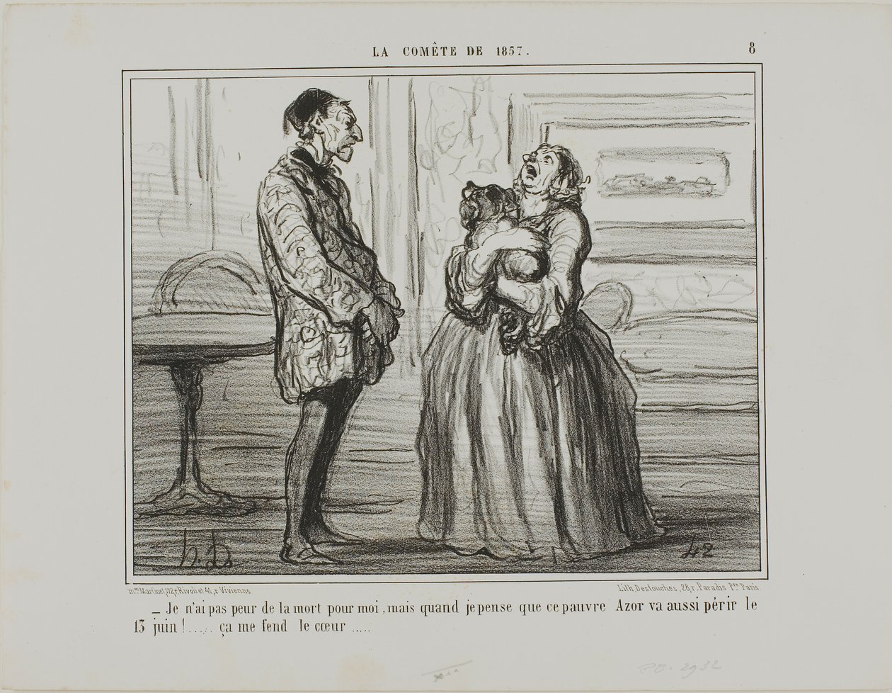 "- Ik ben niet bang voor mezelf, maar als ik denk aan de arme Azor die op 13 juni zal omkomen... breekt het gewoon mijn hart," plaat 8 uit La Cométe De 1857 door Honoré Victorin Daumier