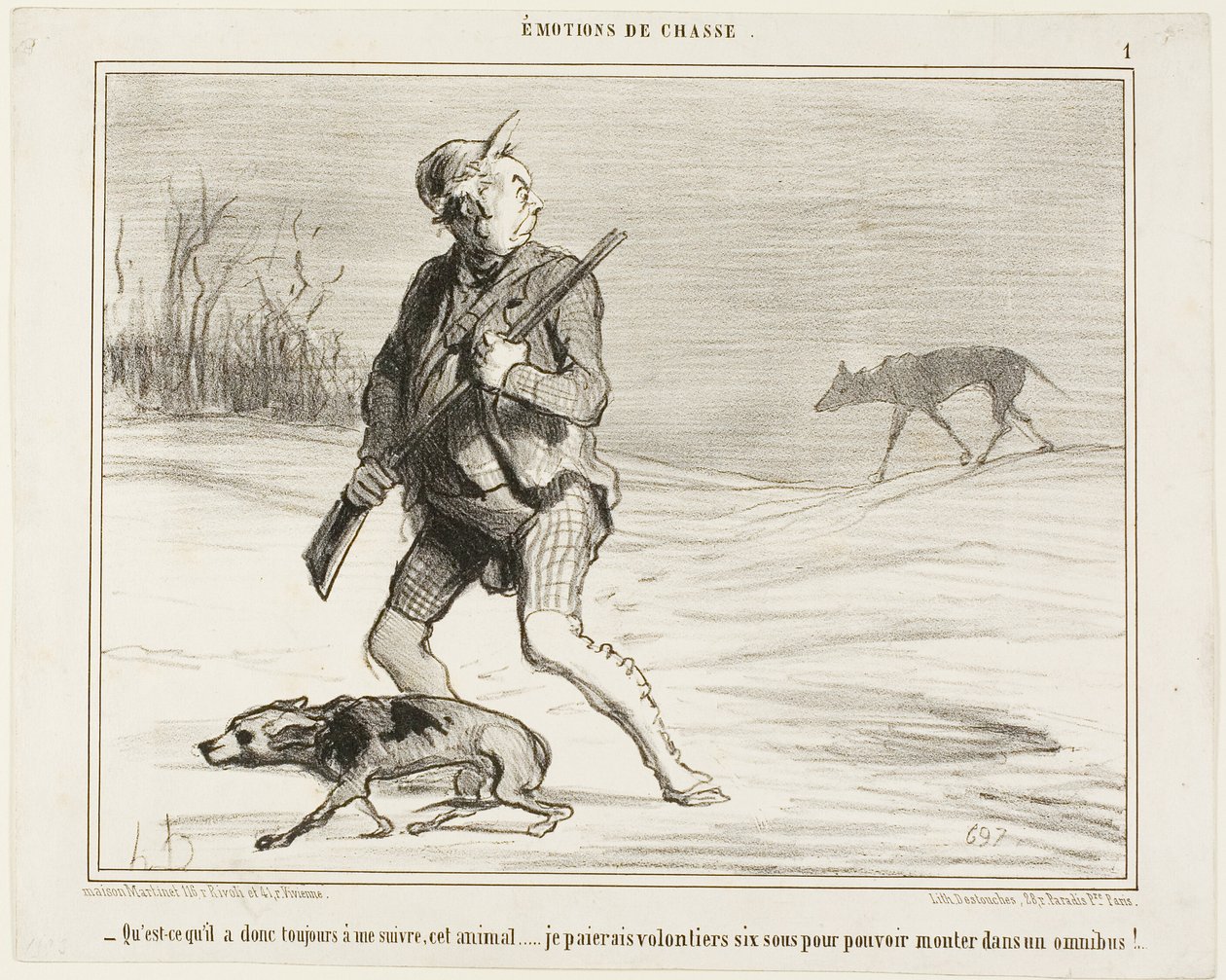"- Ik vraag me af waarom dit beest me de hele tijd volgt... Ik betaal graag 6 sous om op een bus te springen," plaat 1 uit Émotions De Chasse door Honoré Victorin Daumier