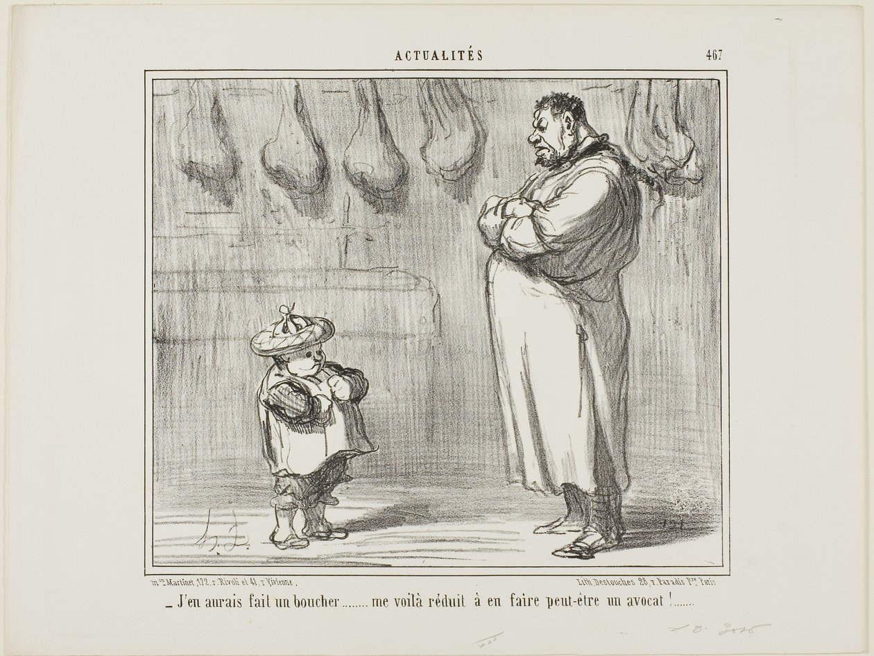 "- Ik had ook zo graag van hem een slager gemaakt... nu ben ik gedwongen om van hem een advocaat te maken," bord 467 van Actualités door Honoré Victorin Daumier