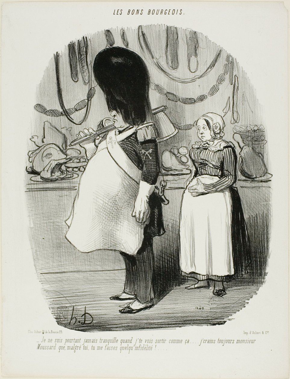 "Ik ben nooit rustig als ik je zo zie weggaan... Ik ben altijd bang, Monsieur Moussard, dat u ongelovig bent," plaat 67 uit Les Bons Bourgeois door Honoré Victorin Daumier