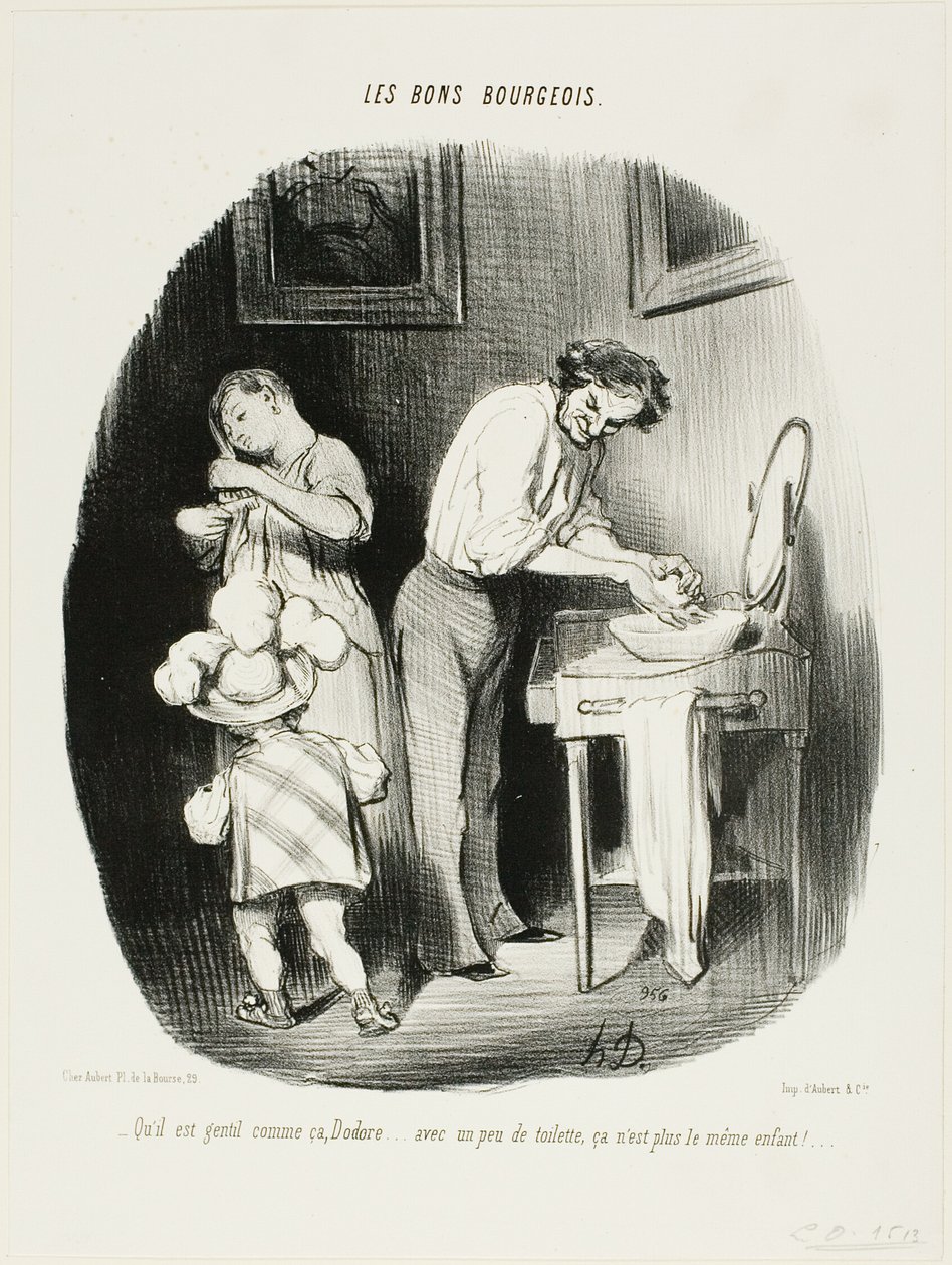 "- Is hij niet schattig zo, Dodore... met een beetje opruimen is hij gewoon niet meer hetzelfde kind!..," bord 37 van Les Bons Bourgeois door Honoré Victorin Daumier