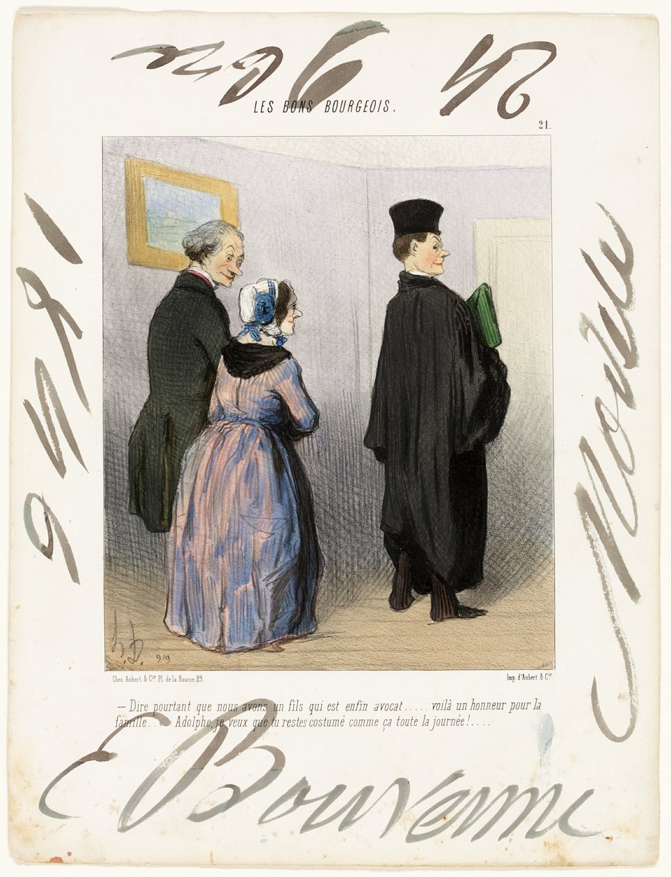 "- Is het niet prachtig om een zoon te hebben die advocaat is... wat een eer voor de familie... Adolph, ik wil dat je de hele dag zo gekleed blijft!...," plaat 21 uit Les Bons Bourgeois door Honoré Victorin Daumier