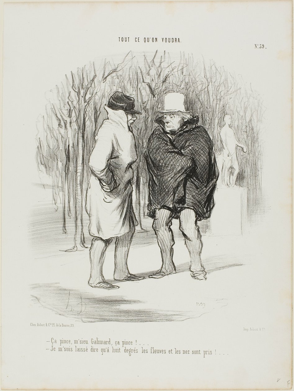 "- Het is nippy, meneer Galimard, het is nippy!... - Sta me toe te zeggen dat bij 8 graden de rivieren en de neuzen bevroren zijn...," plaat 39 uit Tout Ce Qu