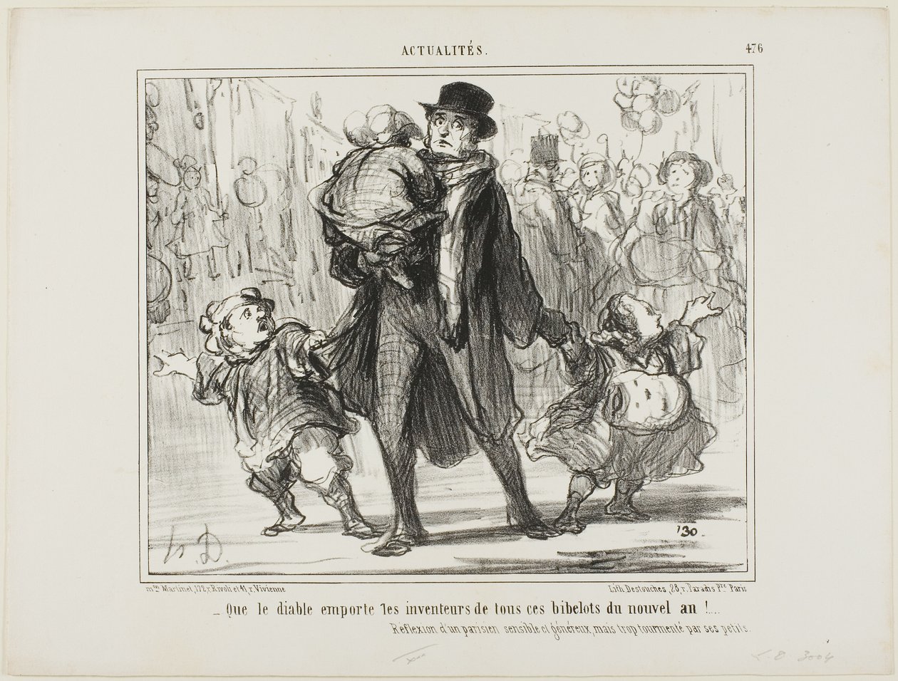 "- Moge de duivel de uitvinder van al deze nieuwjaarsgeschenken te pakken krijgen!" Bespiegeling van een gevoelige, gulle maar gekwelde Parijse vader, plaat 476 uit Actualités door Honoré Victorin Daumier