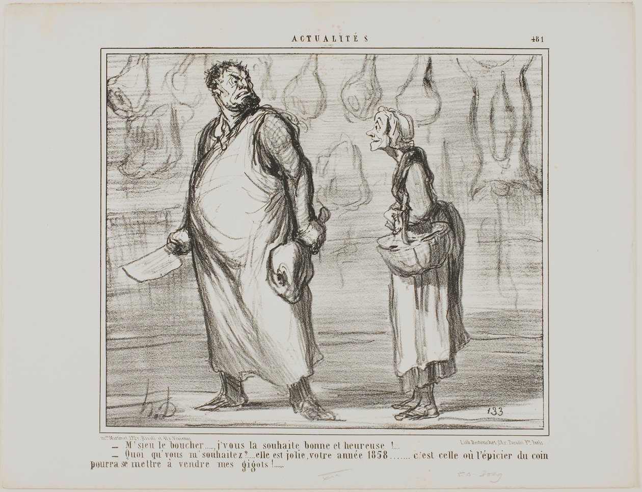 "- Mijnheer de slager, ik wens u een gelukkig en gezond Nieuwjaar... - Wat Dit wordt een mooi jaar, dit 1858... elke kruidenier om de hoek zal mijn schapenvlees kunnen verkopen!...," bord 481 uit Actualités door Honoré Victorin Daumier