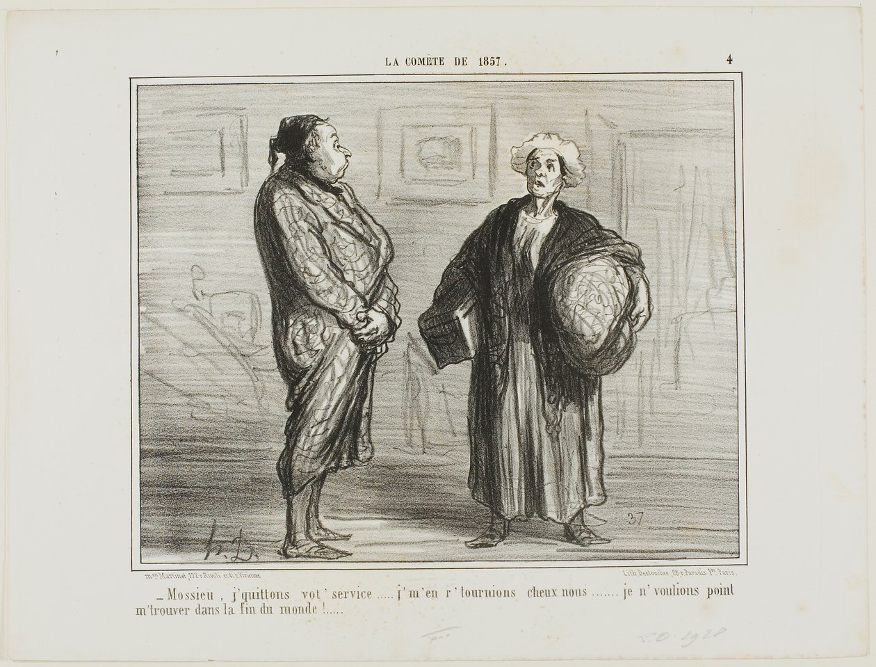 "- Monsieur, ik stop met uw dienst, ik ga naar huis... Ik wil hier niet zijn als de wereld vergaat," plaat 4 uit La Cométe De 1857 door Honoré Victorin Daumier