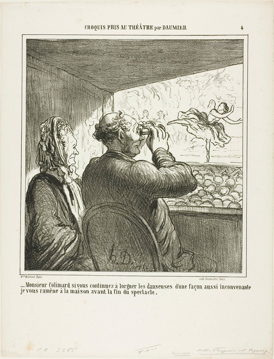 "- Meneer Colimard, als u niet onmiddellijk ophoudt met zo onbetamelijk naar de danseressen te lonken, breng ik u voor het einde van de voorstelling naar huis!", plaat 4 uit Croquis Pris Au Théatre par Daumier door Honoré Victorin Daumier