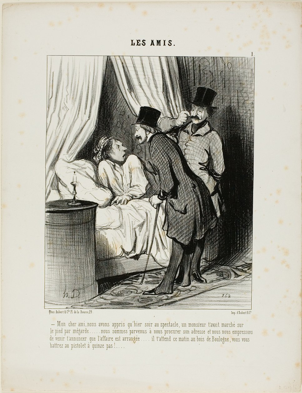 "- Mijn beste vriend, we hebben gisteren in het theater vernomen dat een heer per ongeluk op uw voet is gestapt.... We zijn gekomen om zijn adres te krijgen en we staan te popelen om aan te kondigen dat de zaak is geregeld.... Hij wacht vanmorgen op je in  door Honoré Victorin Daumier