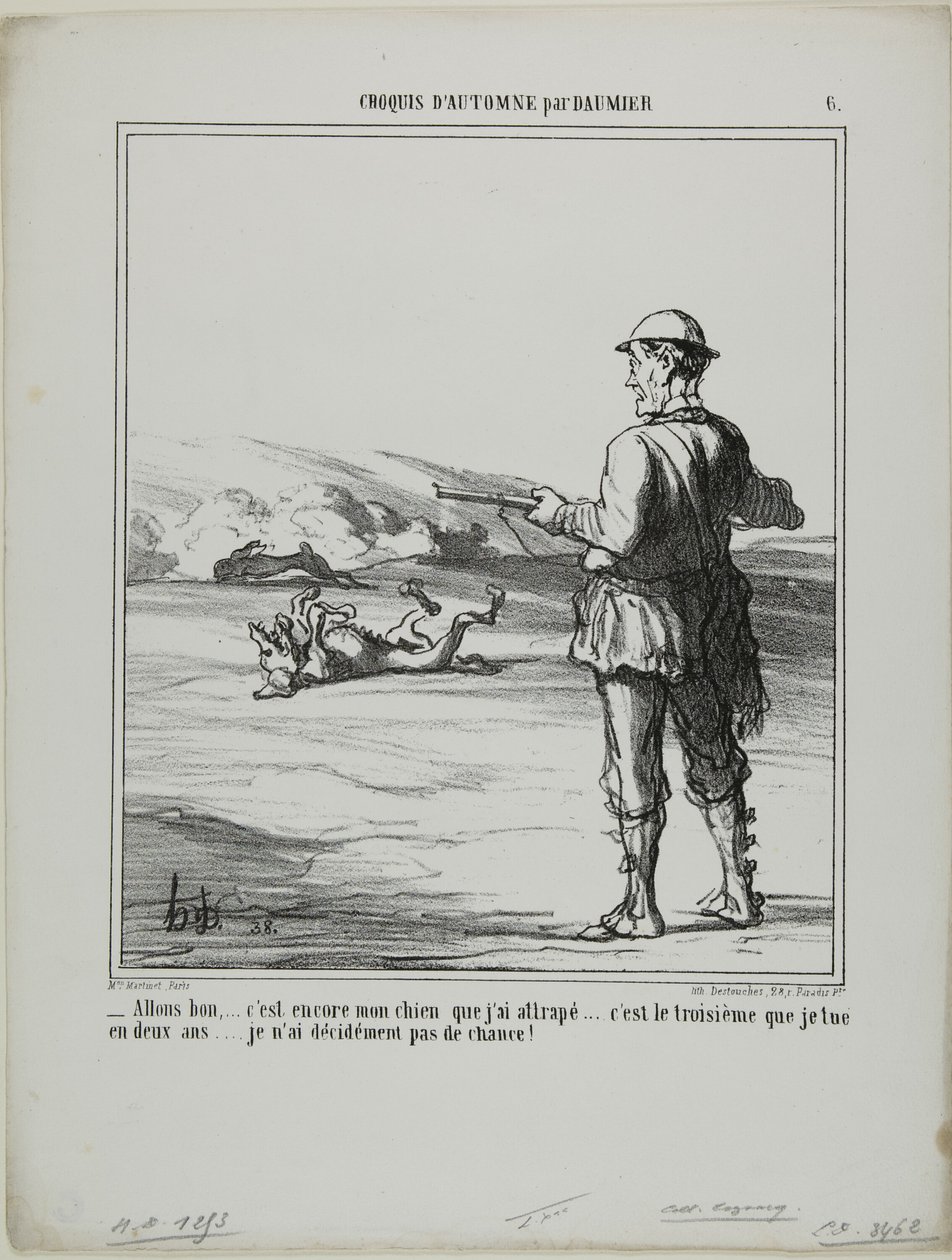 "- Oh ontploffing! .... het is weer mijn eigen hond die ik heb neergeschoten..... dat is de derde in twee jaar.... Ik heb echt niet veel geluk met jagen!", plaat 6 uit Croquis D