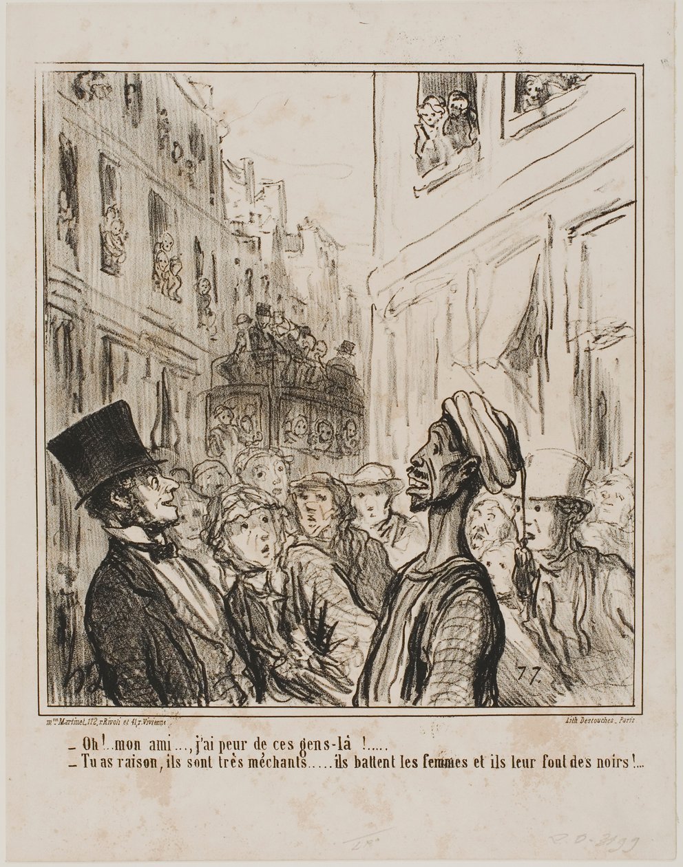 "Oh, mijn vriend... Ik ben bang voor die mensen daar. - En terecht... ze zijn heel gemeen, ze slaan hun vrouwen en laten hen zwarte kinderen krijgen!", bord 101 van Actualités door Honoré Victorin Daumier
