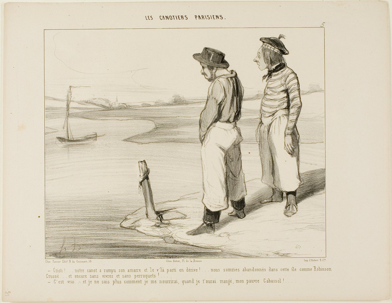 "- Onze boot heeft het anker losgelaten en is weggedreven.... we zitten vast op dit eenzame eiland als Robinson Crusoe... en zonder iets te eten en zonder papegaai... - Dat is waar.... en ik weet echt niet wat ik moet eten als ik je heb verslonden, arme Ca door Honoré Victorin Daumier